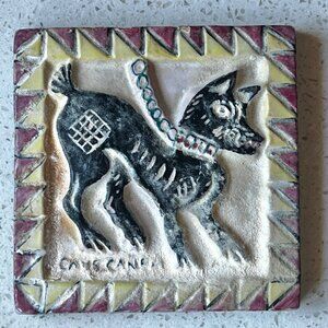 Vintage Italian Ceramic Wall Tile With Dog Design 4"x4" Cave Canem Style